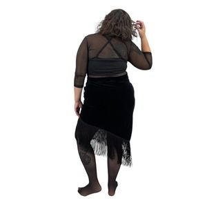 Vintage 90s Black Velvet Pencil Skirt Asymmetric Fringe Hem JS Collections 16